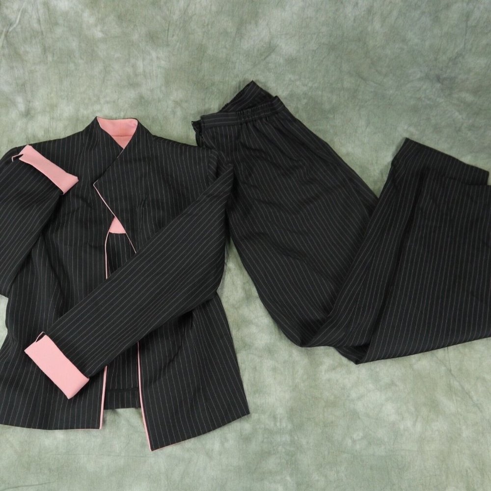 Perceptions PINSTRIPE PANTSUIT Pink Contrast Cuffs Sz 8  Open Front Jacket/Pants